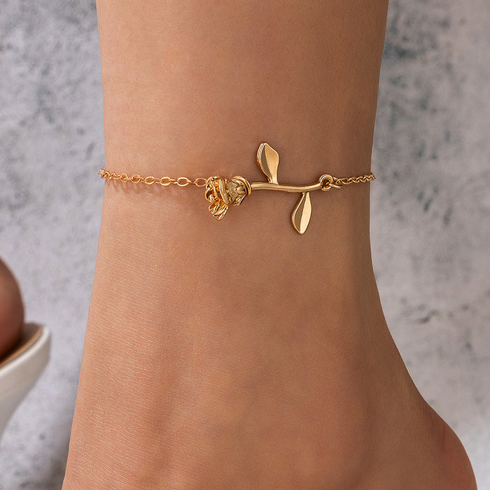 Rose Flower Single Layer Anklet with Geometric Floral Chain