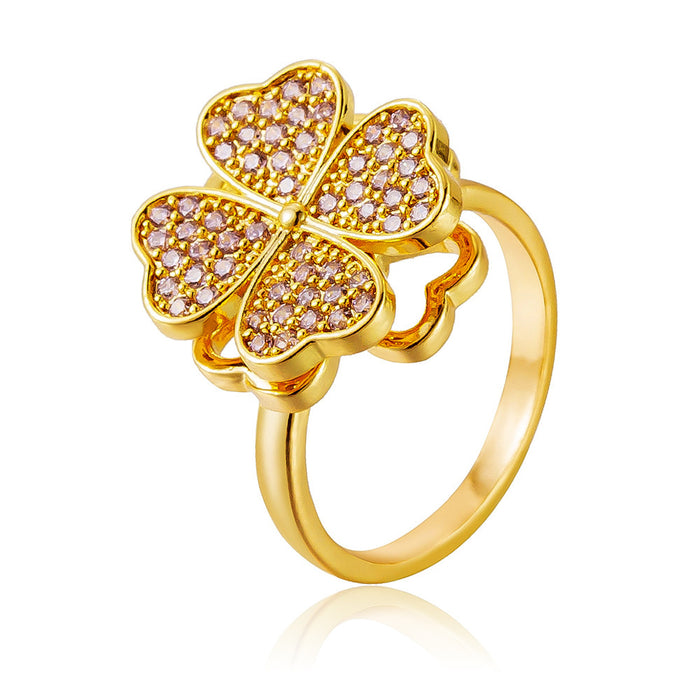 Wholesale zircon four-leaf clover rotating open ring