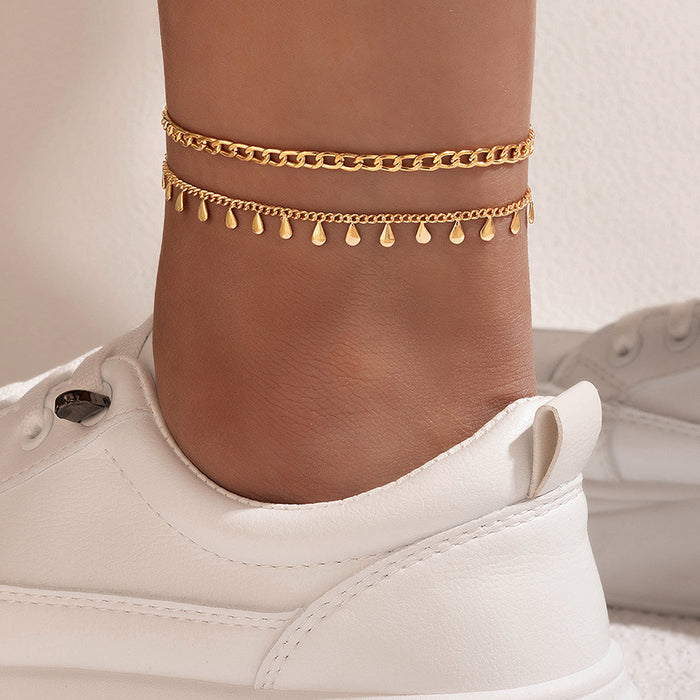 Waterdrop Disc Double-Layer Anklet with Simple Geometric Chain Design