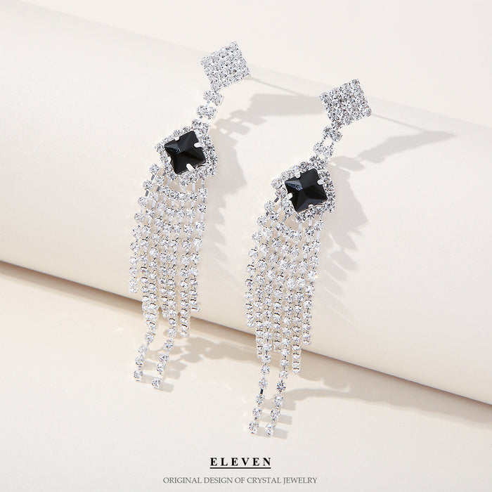 Geometric Rhinestone Tassel Earrings - Runway-Style Statement Jewelry