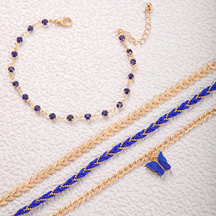 Blue Rhinestone Woven Rope Anklet Set - Multilayer Boho Jewelry