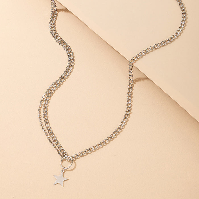 Silver Chain Tassel Round Ring Star Pendant Single Layer Necklace with Ins Trend Design