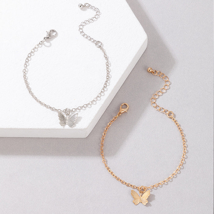 Butterfly Pendant Multi-Layered Bracelet Set with Geometric Chain