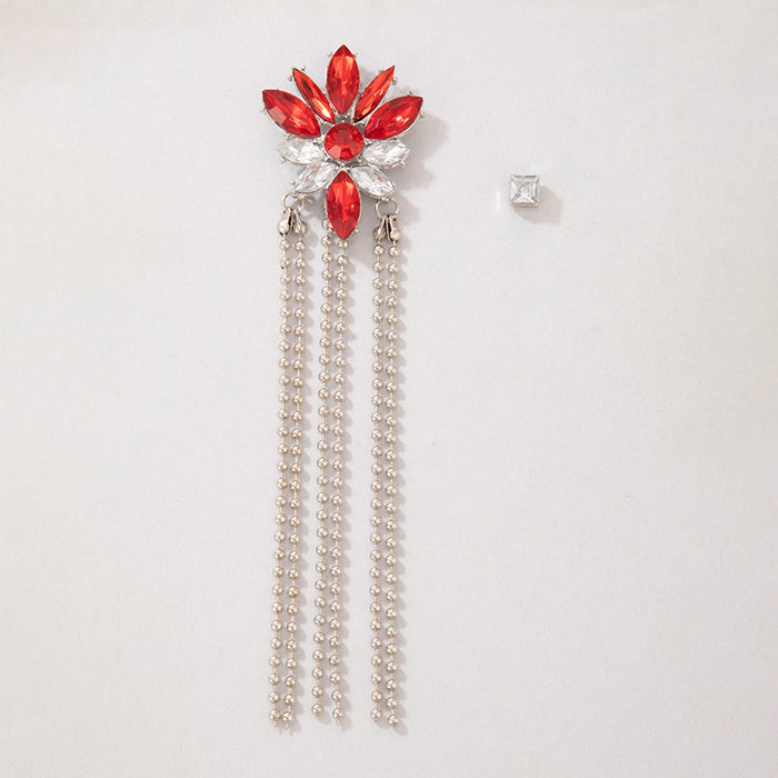 Red diamond tassel earrings round bead chain tassel earrings