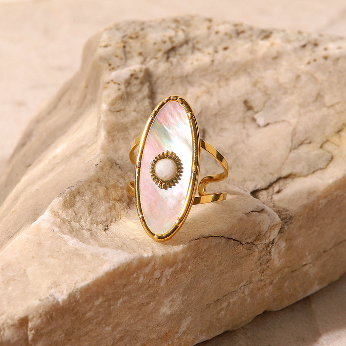 18K Gold Stainless Steel Pearl Ring with Natural Stone Inlay