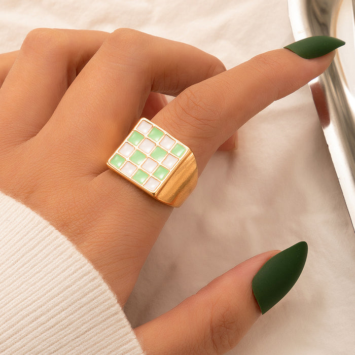 Oil dripping square checkerboard colorblock ring