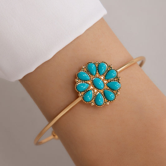 Turquoise Flower Rhinestone Bangle - Single Bracelet with Open Cuff Design