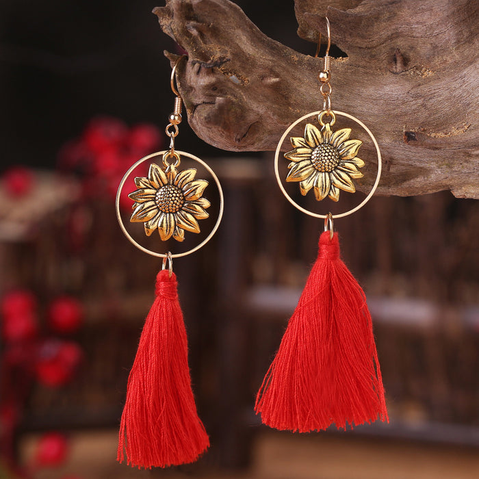 Bohemian Metal Sunflower Tassel Earrings with Geometric Bridal Design