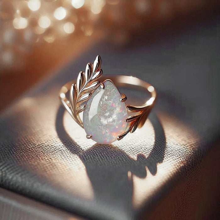 Women's Baroque ring with water drop imitation opal leaf and branch