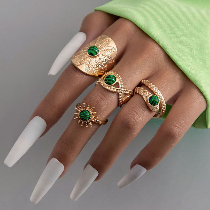 Vintage Turquoise Snake Eye Ring Set – Creative Sunflower Rings, 5-Piece Collection