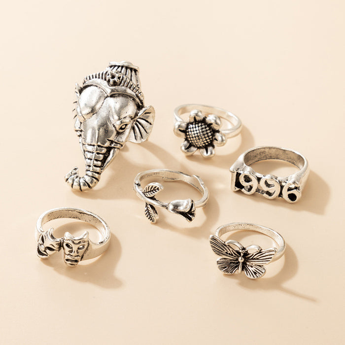 Ethnic style rose butterfly 6-piece animal ring