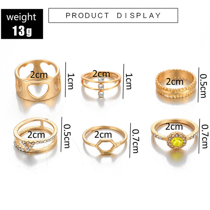 Yellow diamond geometric heart hollow ring 6-piece set