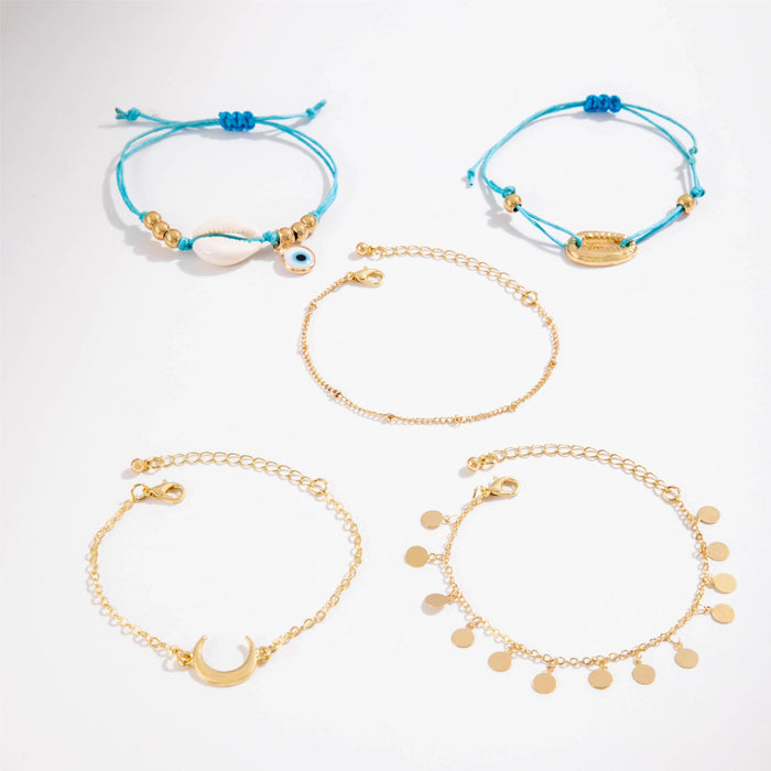 Turquoise Bead and Shell Bracelet Set with Bohemian Design - Five Pieces