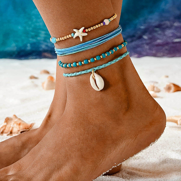 Bohemian Shell and Bead Anklet Set - Colorful Starfish Beach Ankle Bracelets