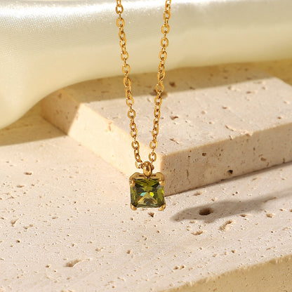 18K Gold-Plated Stainless Steel Necklace - White, Pink, and Green Square Zircon Pendants for Women