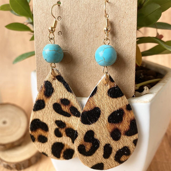 Bohemian Leopard Print Earrings with Turquoise and Rustic Style