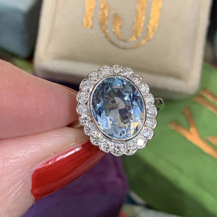 Anillo de circonita ovalada de color azul marino con forma de flor para mujer, joyería exquisita