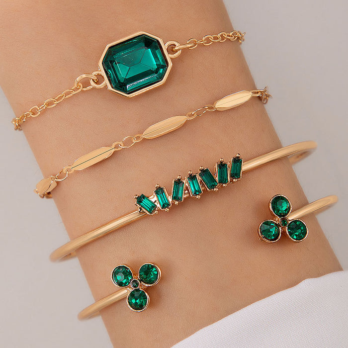 Emerald Three-Leaf Clover Bracelet Set - Green Rhinestone Hand Jewelry