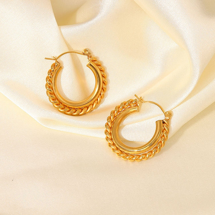 Trending Titanium Steel Earrings - 18K Gold Plated Stainless Steel Twisted C-Shaped Double Layer Geometric Earrings