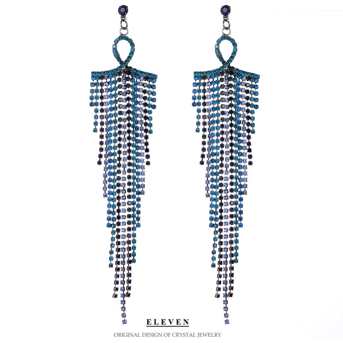 Korean Blue and White Tassel Earrings - Elegant Chain Jewelry for a Sophisticated Look