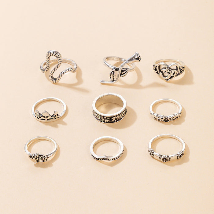 Retro style rose elephant ring set, geometric animal flower nine-piece set