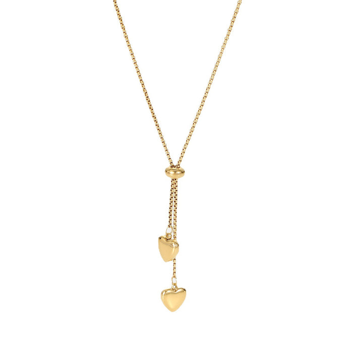 Style 14K Gold-Plated Y-Chain Necklace with Dual Heart Pendants - Trendy Titanium Steel Jewelry for Women