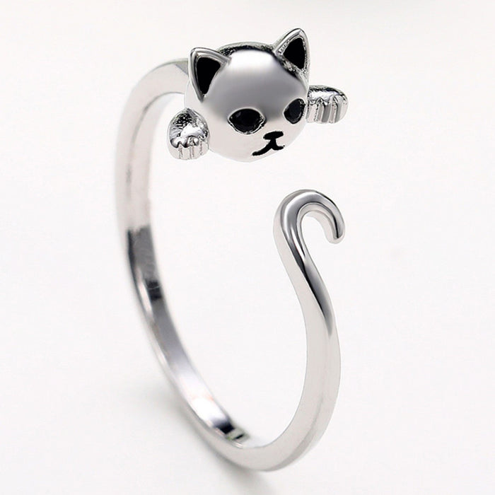 Lindo anillo abierto con forma de gato, estilo animal juguetón para estudiantes y mujeres