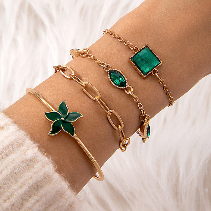 Emerald Gemstone Bracelet Set - Geometric Flower Water Drop Jewelry for Women