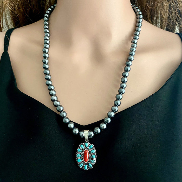 Pumpkin Flower Western Necklace with Indian Tribal Pearls - Bold and Unique