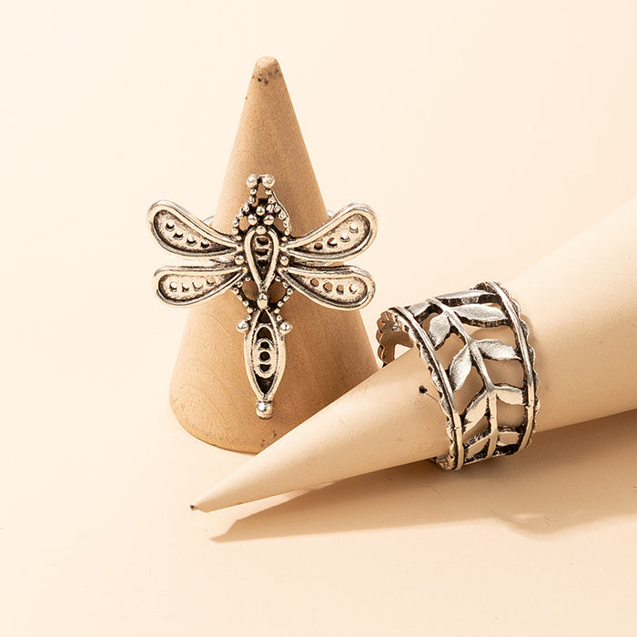 Simple geometric hollow antique silver leaf dragonfly ring 2-piece set