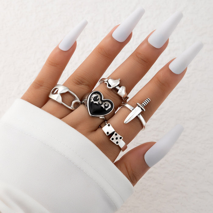 Creative metal heart sword retro ring five-piece set