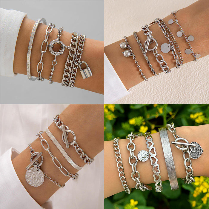 Punk Lock Heart Multi-Layer Bracelet Set - Cold-Tone Geometric OT Buckle Chain Jewelry