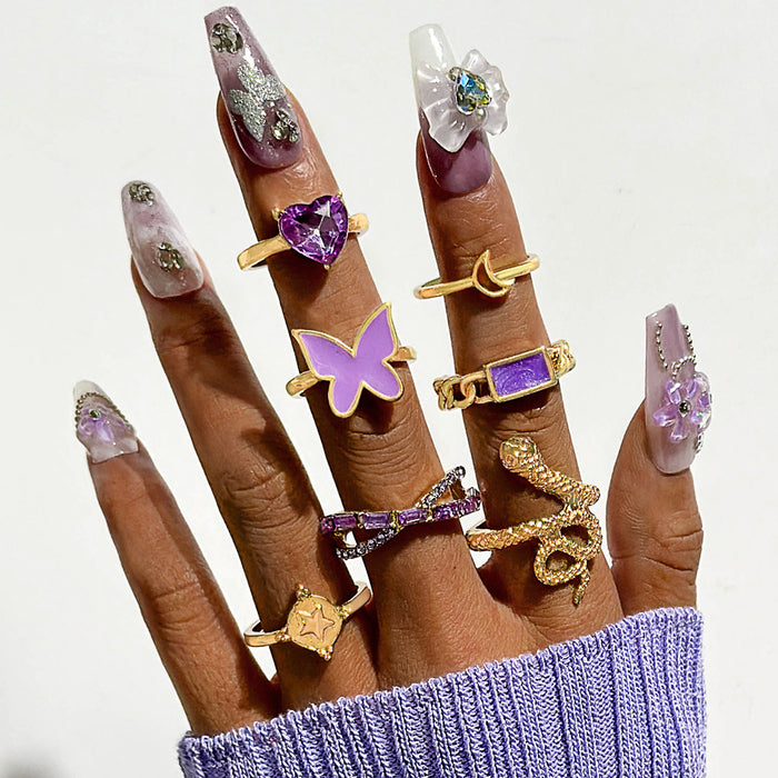 Purple Butterfly and Snake Ring Set - Fashionable 7-Piece Vintage Rings