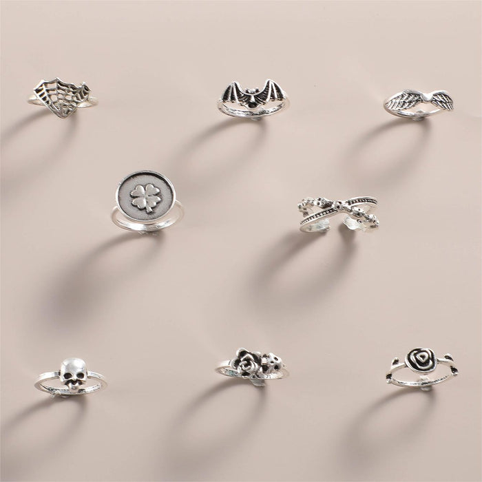 Vintage Spider Web & Skull Ring Set – Punk Style Bat Rose Geometric Rings, 8-Piece Collection