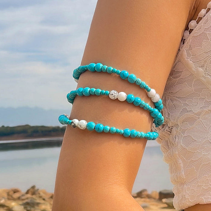 Turquoise Beach Vacation Beaded Bracelet Set - Retro Greenstone Arm Chain