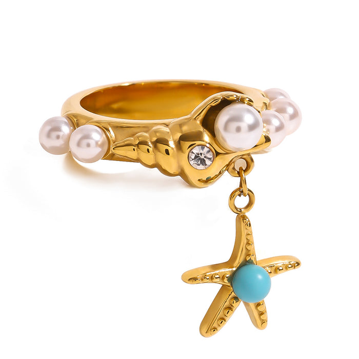 Stainless steel pearl starfish ring ocean style