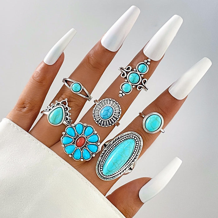 Bohemian Ring Set - 7pcs Vintage Flower Turquoise Rings