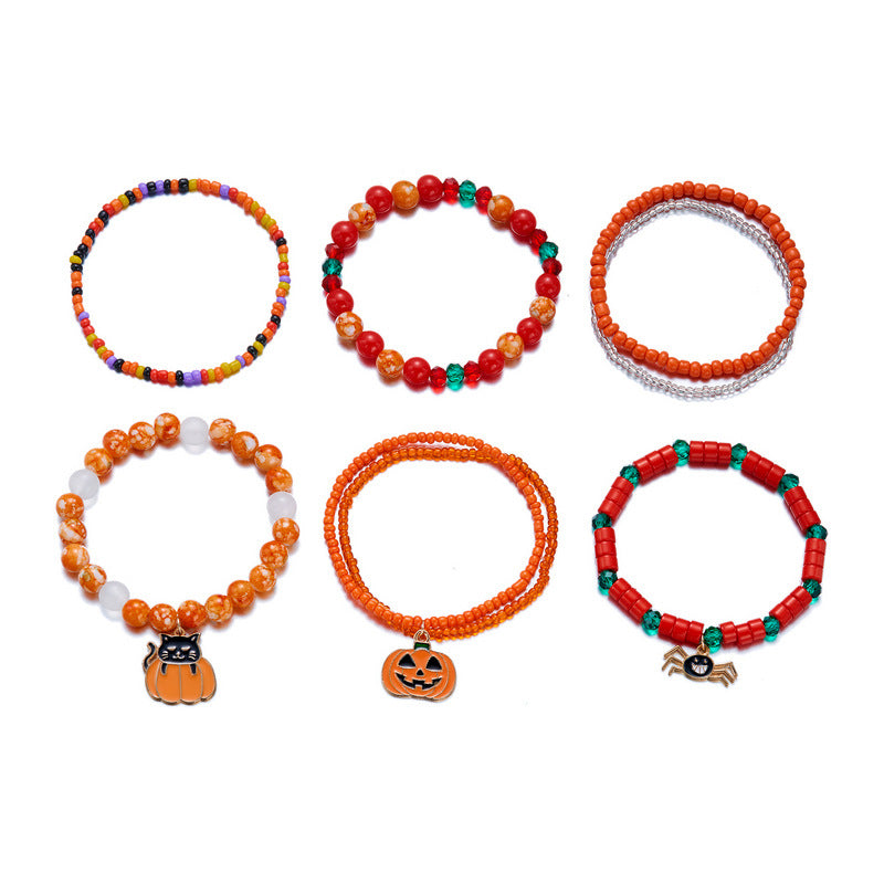Wholesale Halloween Stackable Polymer Clay Bracelet Sets - Spooky Pumpkin, Ghost & Skull Spelled Beaded Stretch Bracelets - wallojewerly 