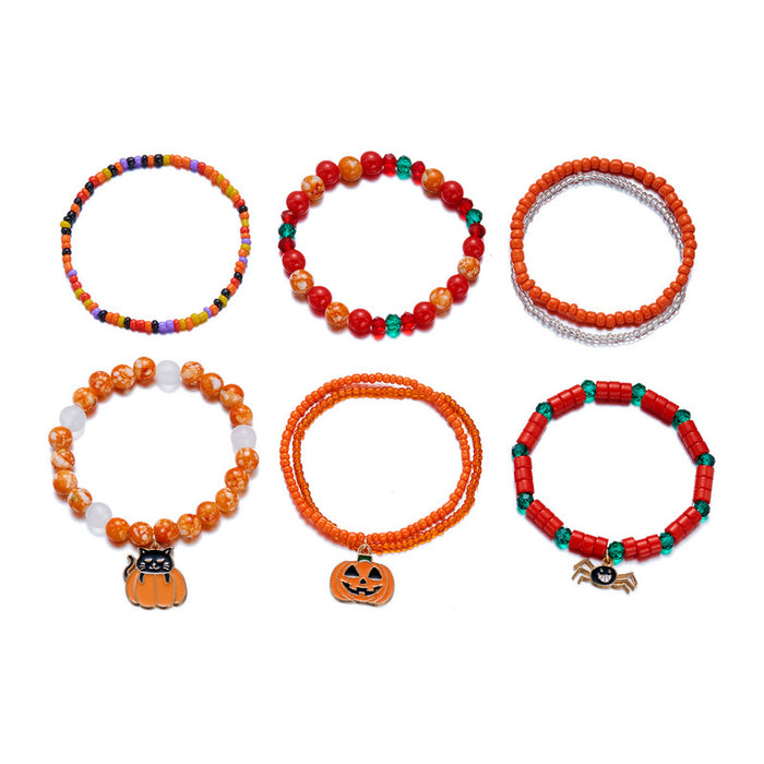 Wholesale Halloween Stackable Polymer Clay Bracelet Sets - Spooky Pumpkin, Ghost & Skull Spelled Beaded Stretch Bracelets