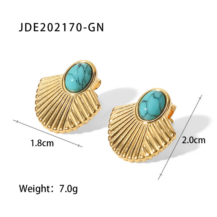 French Style 18K Gold Plated Stainless Steel Green Turquoise Fan Earrings - Vintage Design