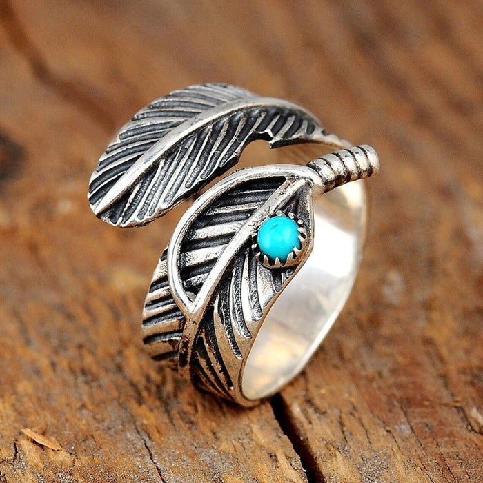 Women's open adjustable imitation turquoise feather texture ring