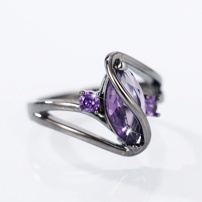 Horse eye ring electroplated gun black purple zircon ring