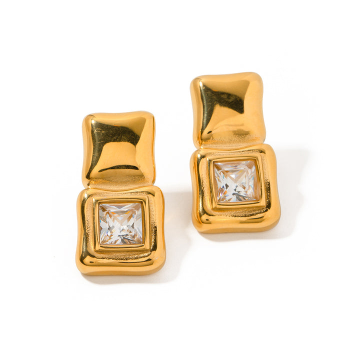 18K Gold Plated Stainless Steel Zircon Square Earrings - Trendy Design for 2023