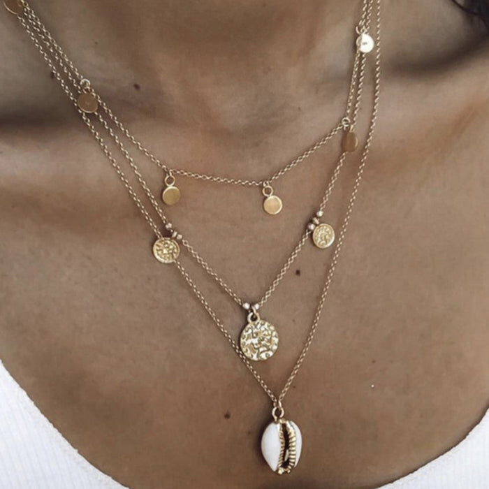 Alloy Shell Multi-Layer Necklace with Geometric Round Disc Design