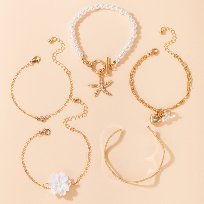 Creative Floral Heart Pearl Bracelet Set - Five-Piece Women's Collection