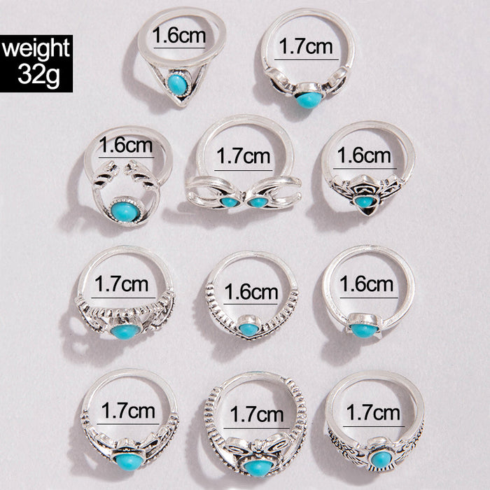 Vintage Turquoise Owl Moon Ring Set - 12pcs Stylish Rings