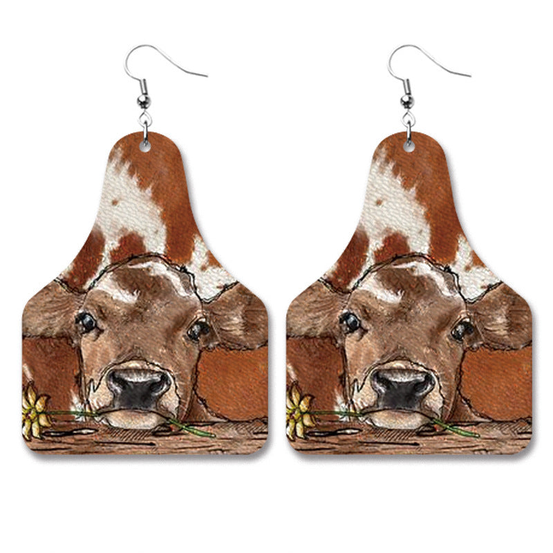 Farm Animal PU Leather Earrings with Cow Tag Design