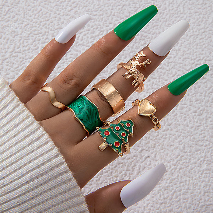 Festive Christmas Tree and Reindeer Ring Set - 6-Piece Holiday Alloy Rings