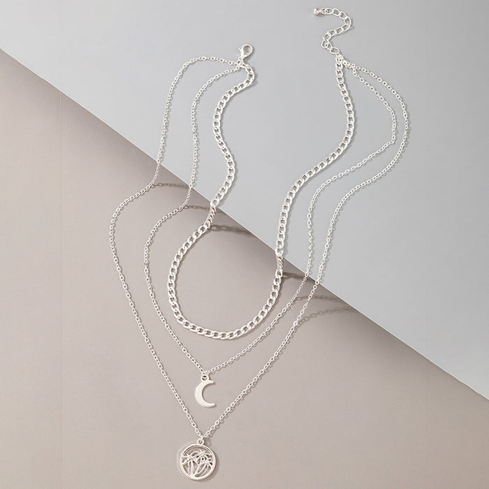 Trendy Metal Moon and Coconut Tree Necklace – Three-Layer Alloy Chain