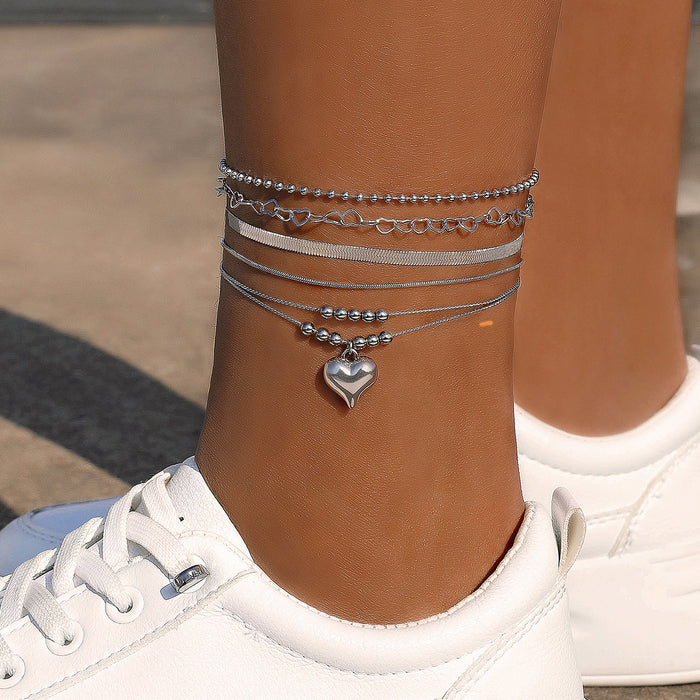 Punk Heart Beaded Anklet Set - Unique Snake Chain Ankle Bracelets